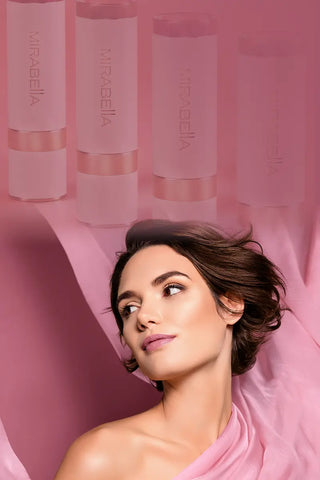 Mirabella Soft Satins Lipstick collection and model wearing Pink Quartz shade with soft pink satin background for mobile homepage banner.
