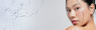 Banner with model showing luminous, healthy skin beside water ripple texture, representing Mirabella Clarifying Serum and SPF 30 Primer.