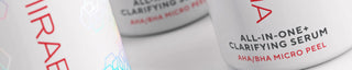 Mirabella Beauty All-In-One+ Clarifying Serum bottles shown in a clean, minimal close-up, highlighting the AHA/BHA Micro Peel label and modern skincare packaging.