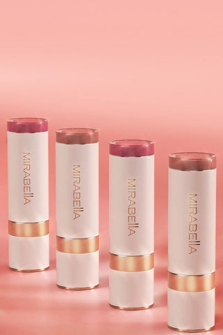 Mirabella Sealed With a Kiss Soft Satin lipstick launch banner featuring silk textures and modern clean beauty design.