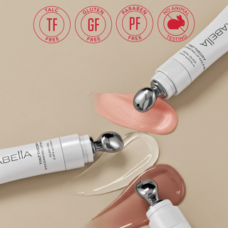 Mirabella Tint Theory Hydrating Lip Balm tubes with swatches; talc-free, gluten-free, paraben-free, cruelty-free clean beauty formula.