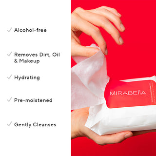 Opened pack of Mirabella Wipeout Wipes revealing individual sheets, emphasizing their soft texture for gentle, effective cleansing.