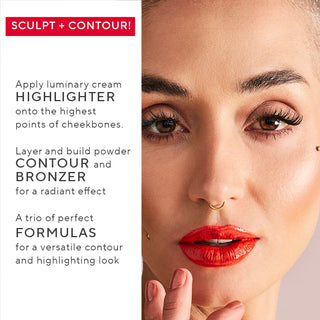 Model using Mirabella Beauty Megastar Face Trio, showing bronzer, contour, and highlighter for a radiant look with usage tips on image.