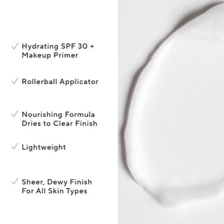 Image of primer swatch for Mirabella's SPF 30 Face Primer with key sales points, like its rollerball applicator and sheer, dewy finish.