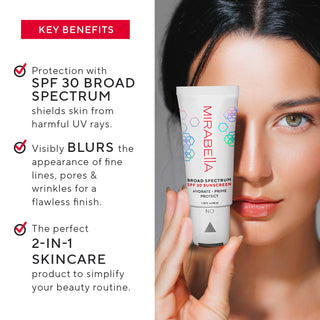 Image of Mirabella model holding SPF 30 face primer on a white background with key benefit callouts like blurring pores and fine lines.