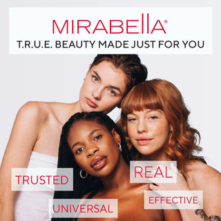 Mirabella Beauty campaign image featuring three diverse models with natural makeup under the tagline T.R.U.E. Beauty Made Just For You with words trusted, real, universal, and effective