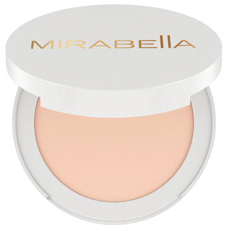 Close-up of Mirabella Invincible For All Pure Press Powder in shade Porcelain P12 showing compact opened on white background.