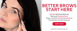 Model defining brows with Mirabella Brow Pencil for the September Better Brows sale, featuring 20% off Brow Pencils and Pro Sculpt Clear Brow Gel.
