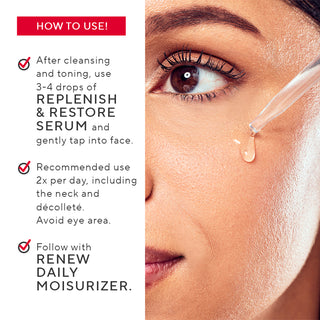 Image of Model with How to Use Mirabella Replenish & Restore Multi-Peptide Serum to skin, demonstrating its hydrating & firming benefits