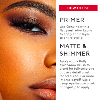 True To You Nude Eyeshadow model close-up of eye alongside key tips on how to apply the eyeshadows & primer for best results.