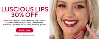 Mirabella Luscious Lips 30% off promotion featuring a model wearing a soft pink lip color and radiant makeup.