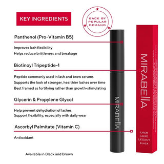Mirabella Lash Luxe Legacy Black mascara benefits featuring volumizing, lengthening, conditioning, and long-lasting wear.