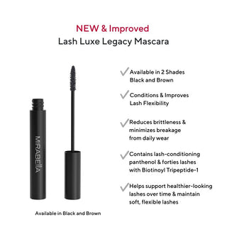 MIRABELLA Lash Luxe Legacy Mascara shown with the open tube and wand on a white background, alongside marketing text about shades black and brown and lash benefits.