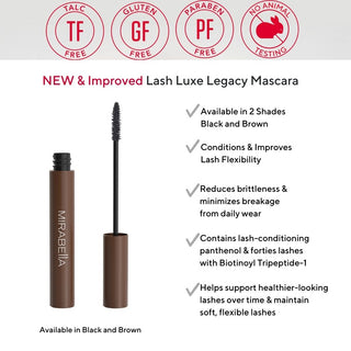 Mirabella Lash Luxe Legacy mascara ingredient highlights featuring conditioning peptides, vitamin B5, and glycerin for healthier lashes.