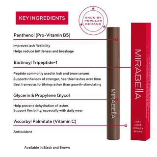 Mirabella Lash Luxe Legacy Brown mascara benefits highlighting natural definition, conditioning ingredients, and smooth application.