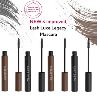 Six Mirabelia Lash Luxe Legacy Mascara tubes shown open with brushes, arranged on a white background with cosmetic brushstroke graphics and promotional text reading 'NEW & Improved' and 'Lash Luxe Legacy Mascara.'.