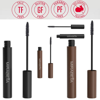 Mirabella Lash Luxe Legacy black and brown mascaras with comparison of shades, brushes, and lash-enhancing performance.