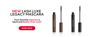 Mirabella Lash Luxe Legacy Mascara in Black and Brown with improved formula and shop now call-to-action on white background.