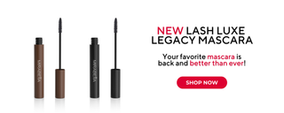 Mirabella Lash Luxe Legacy Mascara in Black and Brown with improved formula and shop now call-to-action on white background.