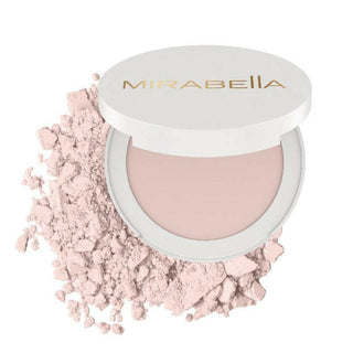 Close-up of Mirabella Invincible For All Pure Press Powder in shade Porcelain P1 showing compact opened, matte powder inside, and swatch.