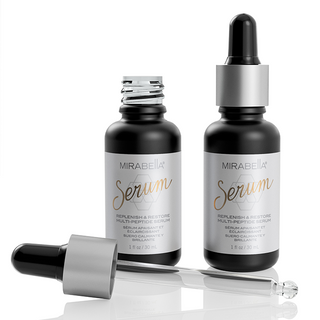 Mirabella Best Multi-Peptide Face Serum bottle & dropper, collagen-building formula for effective & affordable for smoother, youthful skin