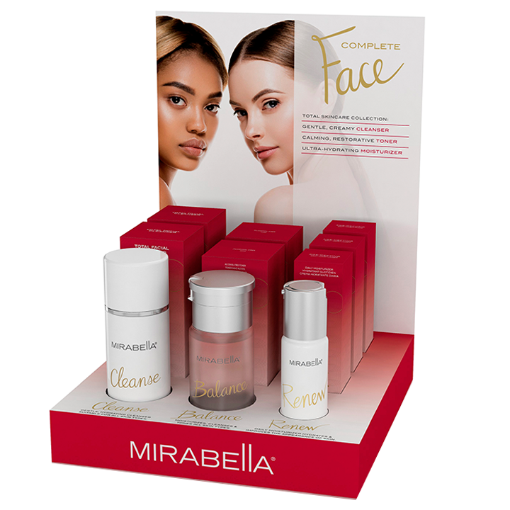 Mirabella Beauty Complete Face Skincare Point of Purchase Display - Gluten and Cruelty Free Facial Cleanser, Alcohol Free Toner for face, and anti aging daily moisturizer