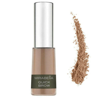 Mirabella Quick Brow Powder - Natural-looking brow definition for easy application shown in bottle with color swatch on white background